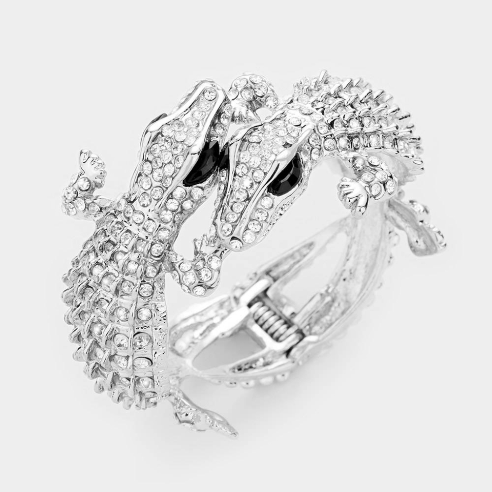 Silver Rhinestone Alligator Crocodile Double Head Cuff Bracelet Trendy Statement